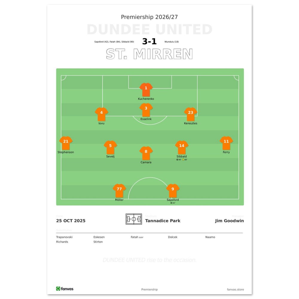 Dundee United vs St. Mirren — Match Day (25 Oct 2025), A4 (21×29.7cm) print