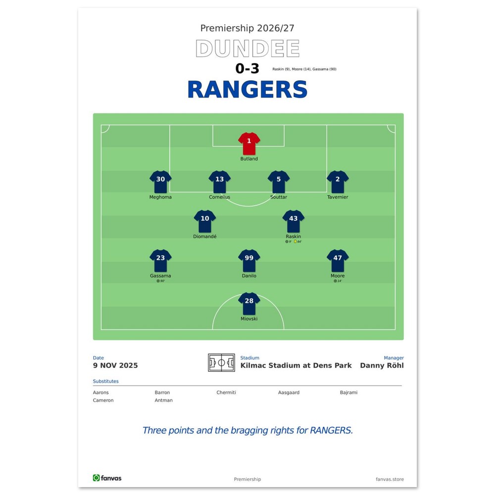 Dundee vs Rangers — Match Day (9 Nov 2025), A4 (21×29.7cm) print