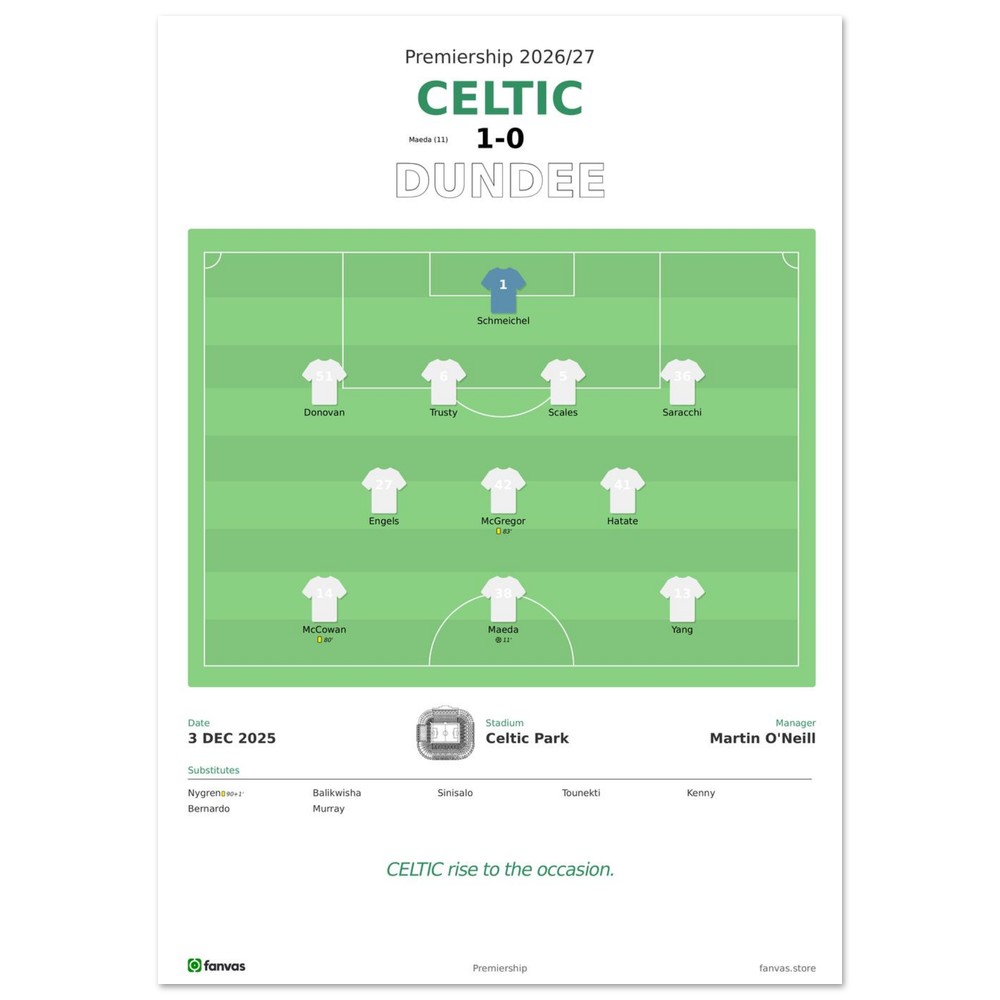 Celtic vs Dundee — Match Day (3 Dec 2025), A4 (21×29.7cm) print