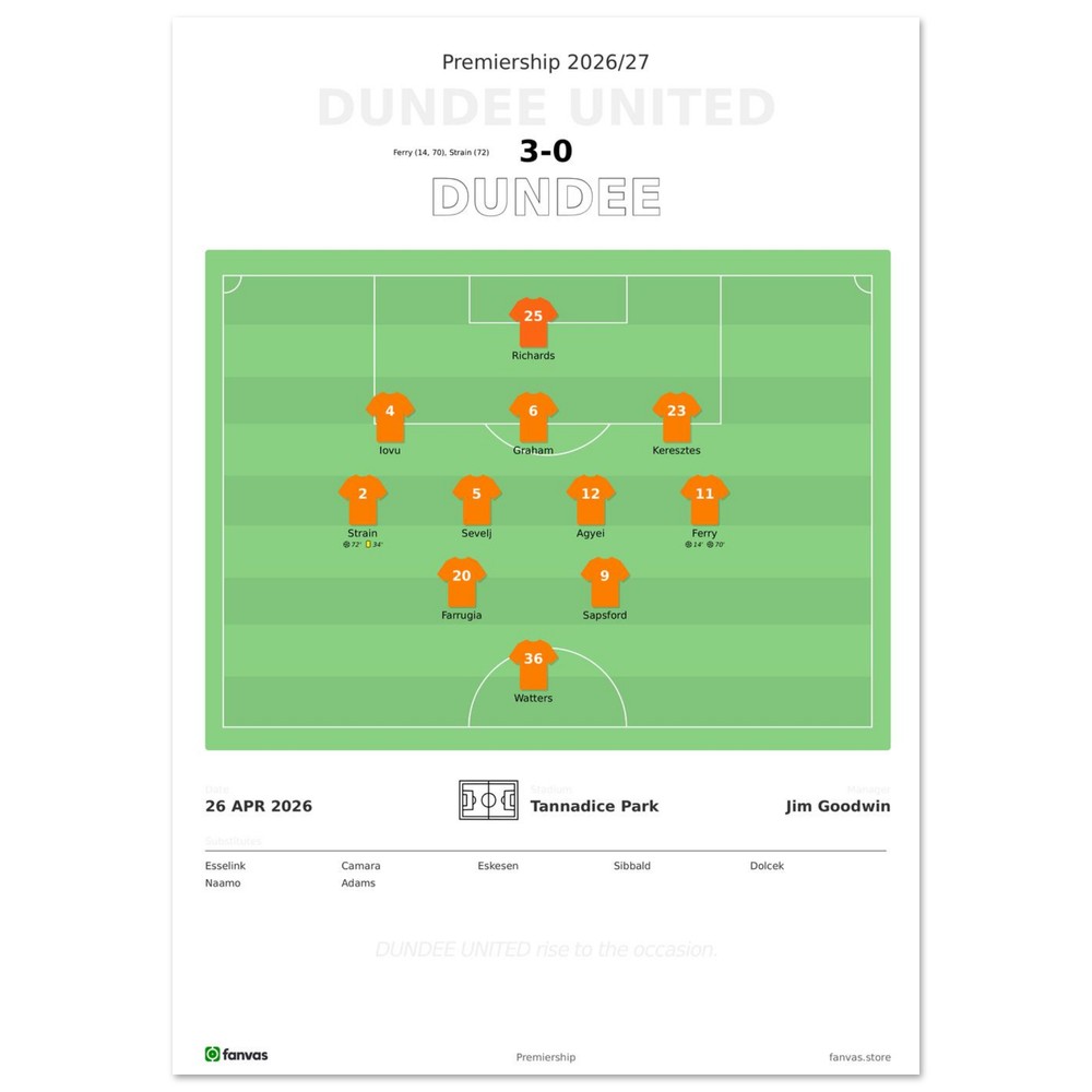 Dundee United vs Dundee — Match Day (26 Apr 2026), A4 (21×29.7cm) print