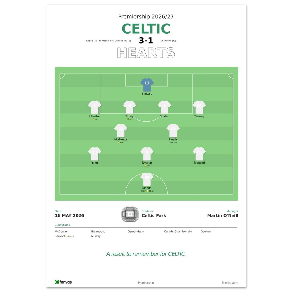 Celtic vs Hearts — Match Day (16 May 2026), A4 (21×29.7cm) print