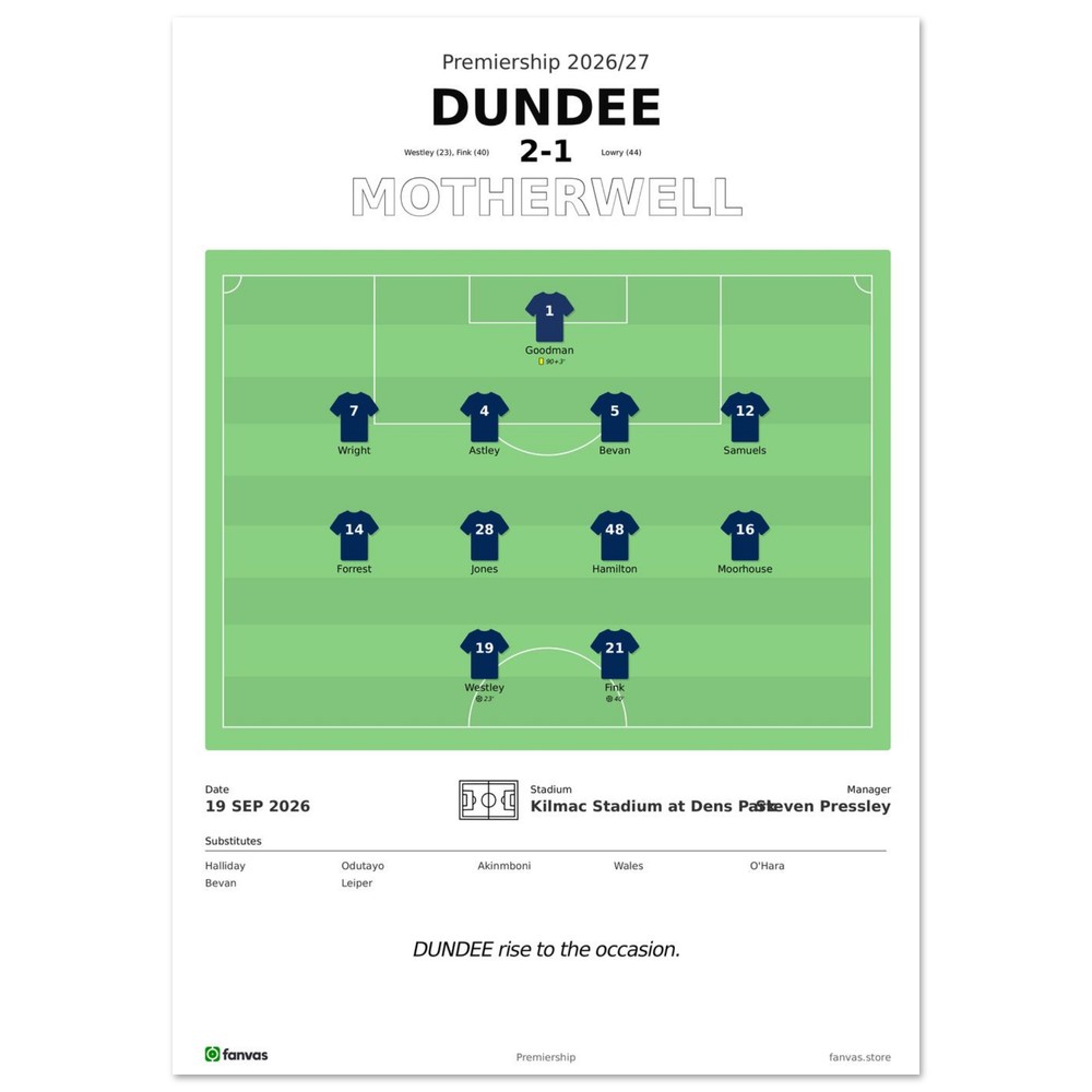 Dundee vs Motherwell — Match Day (19 Sep 2026), A4 (21×29.7cm) print